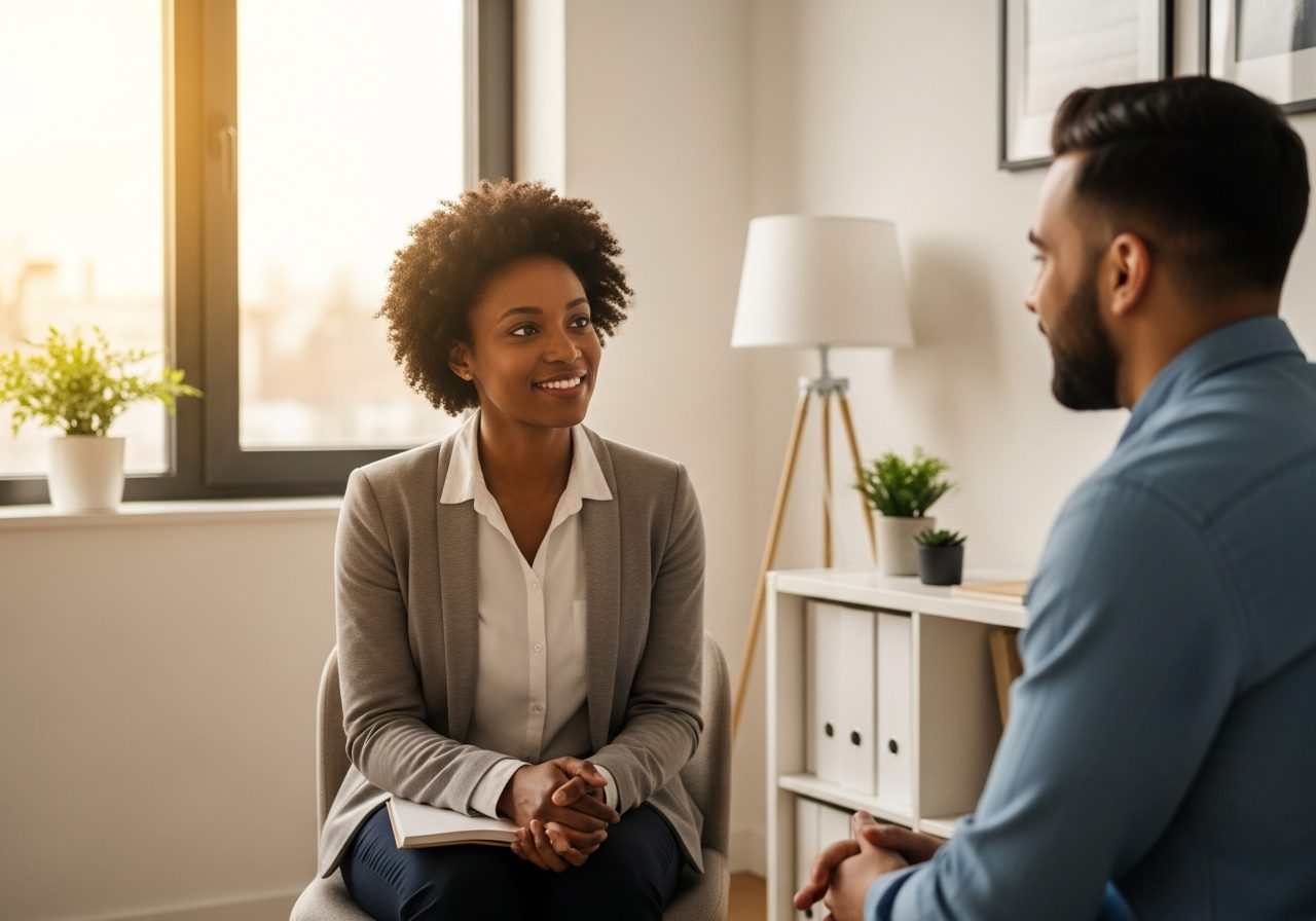 Therapist in a calm office having a supportive conversation with a client