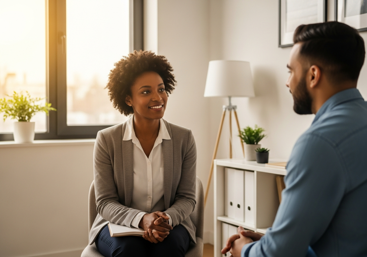 Therapist in a calm office having a supportive conversation with a client